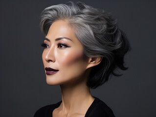 Beautiful and confident older Asian woman with grey haircut. Mature short bob haircut. Concept of natural and positive ageing. 