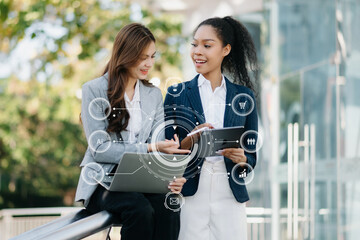 Working team meeting concept, business using laptop and smart phone and digital tablet computer with digital marketing media  in virtual icon network diagram office.