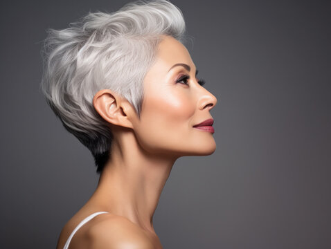 Beautiful and confident older Asian woman with grey pixie haircut. Mature haircut on fine hair. Concept of natural and positive ageing. 