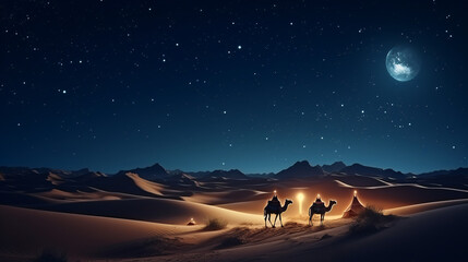 Camels in the desert at night