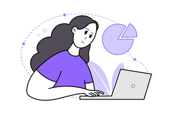 Smiling student is satisfied with learning online courses using laptop. Vector illustration concept of online learning courses, trainings, seminars, business.