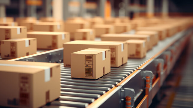 cartons et colis sur des convoyeurs &agrave; rouleaux dans un hangar de logistique avant exp&eacute;dition