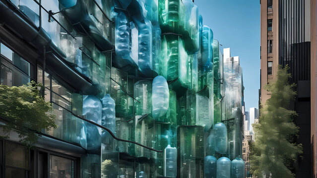surreal builing  strucure that blends contemporary art snd design,made of plasticiet and recycled plastic bottle