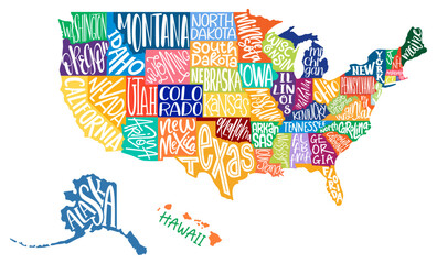 USA MAP. United States of America with script text state names. Flat color vector illustration. American map for poster, banner, t-shirt, tee. Design USA typography map with states names.