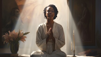 Black woman praying or meditating - obrazy, fototapety, plakaty