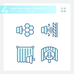 Fototapeta na wymiar 2D pixel perfect blue icons set representing soundproofing, editable thin line illustration.