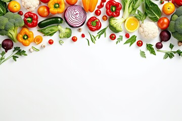 Wholesome Immunity-Boosting Foods: Aerial View of Fresh Vegetables on a White Background, Radiating Light and Airiness



