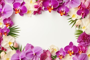 Fototapeta na wymiar Exotic Tropical Border: Palm Leaves and Orchid Flowers 