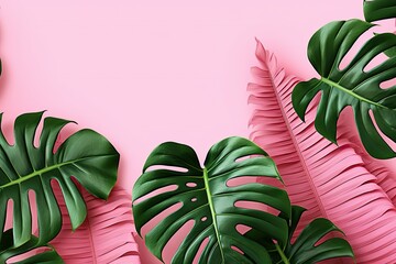 Tropical Monstera Leaves on Pink Background