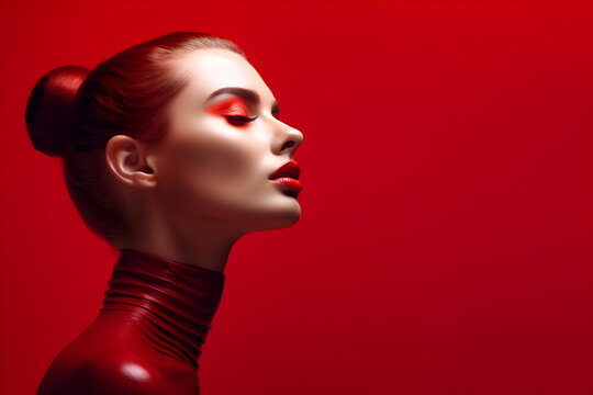 Fashion editorial Concept. Closeup portrait of stunning pretty woman with chiseled features, red makeup and dark hair. illuminated with dynamic composition and dramatic lighting. copy text space	
