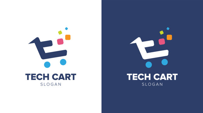 Online shop logo. Letter T with shopping cart logo for online store