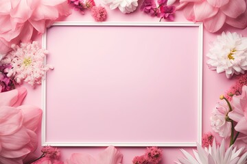 Assorted pink flower and white frame border on pink background, flat lay, Generative AI
