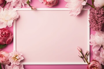 Assorted pink flower and white frame border on pink background, flat lay, Generative AI