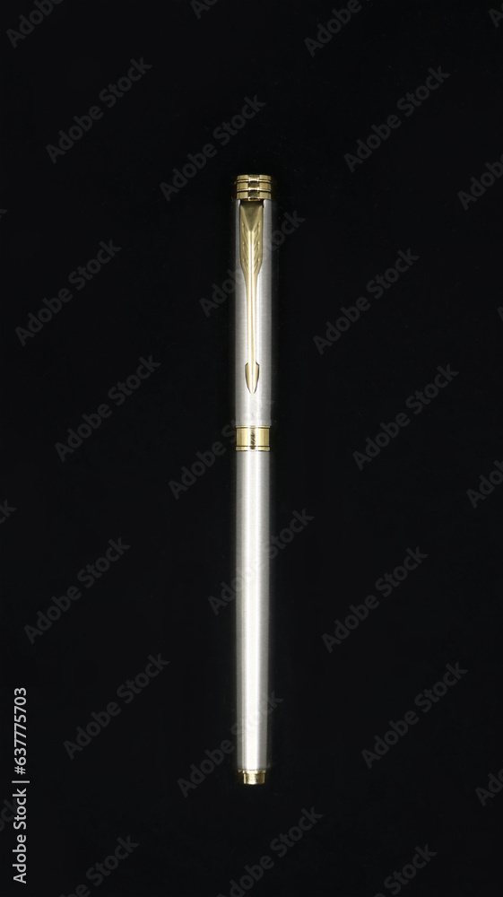 Wall mural top view of a limited edition silver color business pen made of stainless steel isolated in a black background