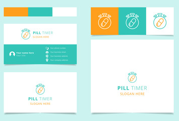 Pill timer logo design with editable slogan. Branding book and business card template.