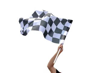 Gordijnen Checkered race flag in hand against white background © xy