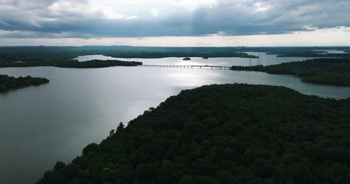 Dramatic Scene Of Dawn Over Percy Priest Lake At Long Hunter State Park In Tennessee, USA. Aerial Drone Shot