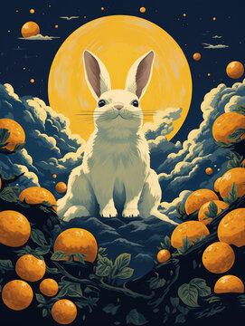 Bunny rabbit sitting in an orange field under the moon, Chinese new year mid autumn poster