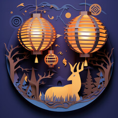 Paper cut out paper layering deer under lanterns at night scene