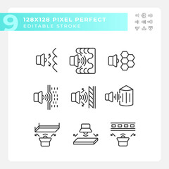 2D pixel perfect black icons set representing soundproofing, editable thin line illustration.