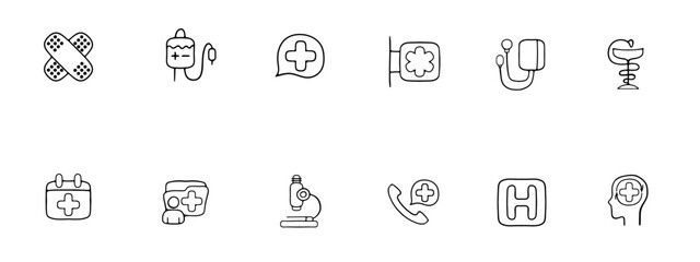 Medicine line icon. Blood transfusion, plus, pharmacy, pharmacology, patch, folder. Vector black line icon on white background for Business