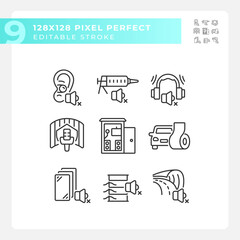 Pixel perfect black icons representing soundproofing, editable thin linear illustration set.