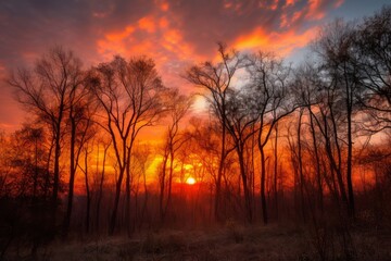 A stunning sunset behind a peaceful forest