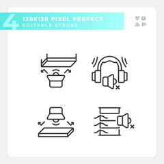 2D pixel perfect black icons set representing soundproofing, editable thin linear illustration.