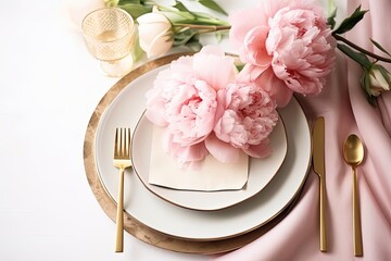Obraz na płótnie Canvas Happy Mother's day concept. Beautiful table setting with golden cutlery and peony flowers, Generative AI