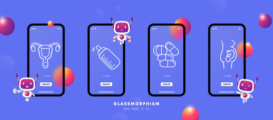 Pregnancy line icon. Uterus, pills, milk formula, pills, womb, baby. Glassmorphism. UI phone app screens. Vector line icon for Business