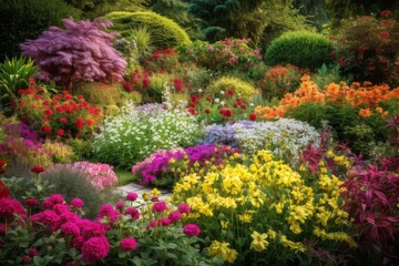 A vibrant and diverse garden bursting with colorful flowers and lush greenery