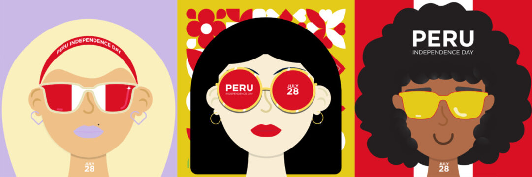 Set of Peru Independence Day Cartoon Heads Concept. Celebrated on July 28. Editable Vector Illustration. EPS 10.
