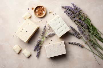 Obraz na płótnie Canvas Natural soap bars and ingredients- lavender, cotton, patchouli - on natural stone background, flat lay, Generative AI