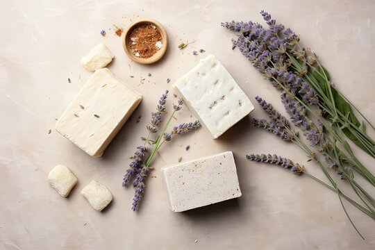 Natural soap bars and ingredients- lavender, cotton, patchouli - on natural stone background, flat lay, Generative AI