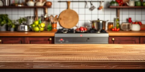 The surface of an empty wooden light table on the background of a blurred kitchen with many products. The surface of an empty table close-up for the display of goods and products.