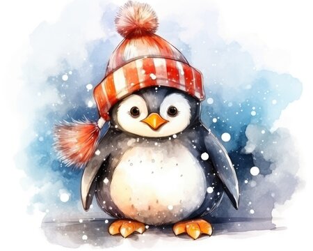 
Penguin in winter hat. Watercolor illustration.
