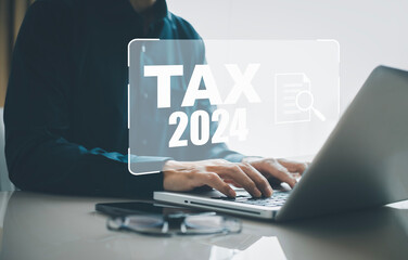 Concept TAX-2024 and refund tax of duty taxation business, graphs, and chart being demonstrated on the screen media, App for selecting tax refund, Keeping track of annual tax expenditures