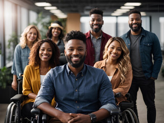 Corporate portrait of a multiracial working team with  disabled members in a wheelchairs. Group photo of colleagues in the office, diversity, inclusion, equity concept.