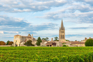 Vineyards of Saint Emilion, Bordeaux, Gironde, France. Medieval church in old town and rows of vine on a grape field. Wine industry - obrazy, fototapety, plakaty