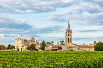 Fotobehang Vineyards of Saint Emilion, Bordeaux, Gironde, France. Medieval church in old town and rows of vine on a grape field. Wine industry © samael334