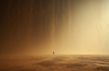 A person walking in the storm in the desert alone.