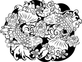 Hand drawn Koi carp on white background for auspiciousness of Chinese new year.Gold fish for festival on backdrops.Beautiful line art of koi fish.