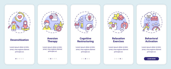 2D icons representing behavioral therapy mobile app screen set. Walkthrough 5 steps colorful graphic instructions with thin line icons concept, UI, UX, GUI template.