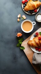 Continental breakfast captured from above on concrete background, Generative AI