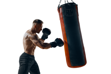 Male boxer in gloves hitting big punching ball during self defense class at gym, empty space, isolated PNG photo