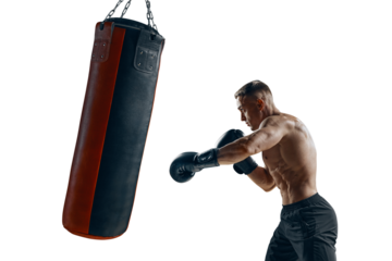 Man boxer boxing kickboxing training punching boxing bag, silhouette isolated