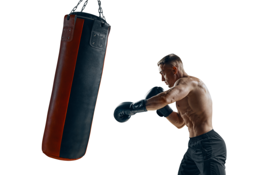 Man boxer boxing kickboxing training punching boxing bag, silhouette isolated 