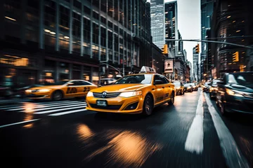 Foto op Plexiglas Dynamic City Life Cars in Motion with Motion Blur on a Crowded Downtown Manhattan Street. created with Generative AI © photobuay
