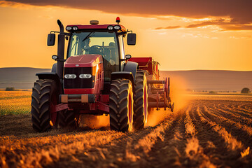Fototapeta premium Agricultural Workers Ploughing a Field with Tractors at Sunset.. created with Generative AI