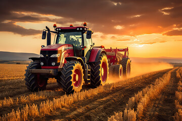 Obraz premium Agricultural Workers Ploughing a Field with Tractors at Sunset.. created with Generative AI